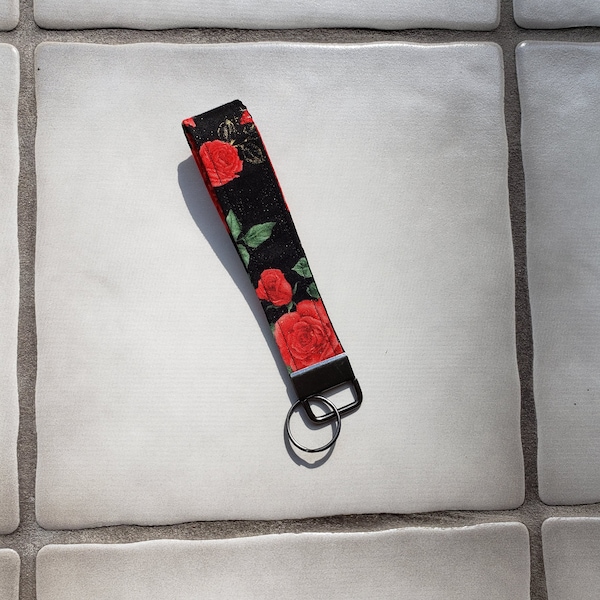 Red Rose Key Fob Wrist Lanyard Strap