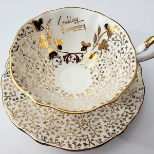 Vintage TeaCup and Saucer. Bone China From England 1950&#39;s. Queen Anne China with Gold Print 332 Throughout Saucer and TeaCup. Free Shipping!