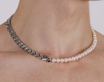 Collana HERACLES // Perle rotonde di grande qualità combinate con catena in metallo cubano in acciaio inossidabile