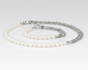 HERACLES Kette & Armband Set // Große Qualität Muschel runde Perlen kombiniert mit Edelstahl kubanische Metallkette