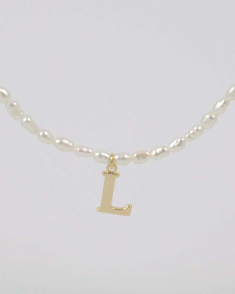 ESA personalised necklace // natural rice pearls with gold plated stainless steel letter pendant of your choice image 4