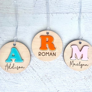 Custom Initial Bag Tag | Personalized Luggage Name Tag | Initial Bag Charm | School Name Tag | Wood Name Tag