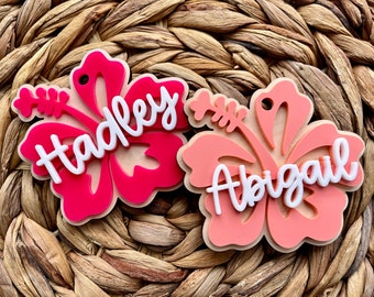 Hibiscus Flower Backpack Name Tag, Flower Bag Tag, School Name Tag, Lunchbox Bag Tag, Backpack Name Tag, School Keychain, Gift for Girls
