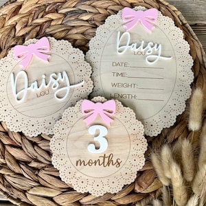 Wooden Lace Baby Name Announcement, Hospital Birth Stats Sign, Birth Announcement, Fresh 48 Sign, Milestone Discs, Baby Shower Gift for Mom