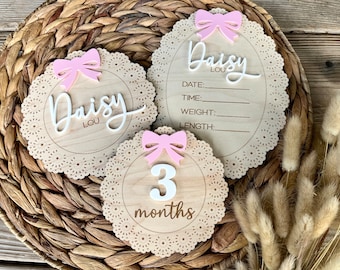 Wooden Lace Baby Name Announcement, Hospital Birth Stats Sign, Birth Announcement, Fresh 48 Sign, Milestone Discs, Baby Shower Gift for Mom