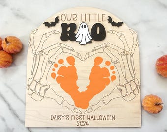 Our Little Boo Sign, Baby's First Halloween, Personalized Halloween Decor, DIY Footprint Art, My Little Boo Handprint Sign, Baby's Keepsake