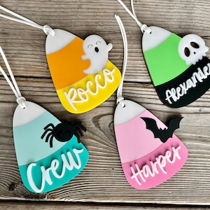 Étiquette de panier d'Halloween, étiquette de sac fantaisie, étiquette de panier huée, articles de panier d'Halloween, étiquette cadeau d'Halloween personnalisée pour enfants, étiquette de bonbons au maïs