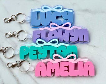 Coquette Bow Backpack Tag, Bogg Bag Name Charm, School Nametag, Lunch Bag Tag, Girls Backpack Name Tag, Preschool Keychain, Diaper Bag Tag