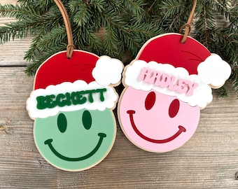 Smiley Face Ornament for Kids, Personalized Christmas Ornaments, Retro Santa Ornament, Baby's First Christmas Ornament, Gift for Baby