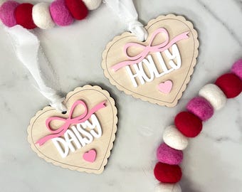 Bow Heart Valentine's Day Basket Tag, Valentine's Basket Tag for Girls, Valentine's Day Gift Tag, Wood Valentine's Name Tag, Valentines Gift