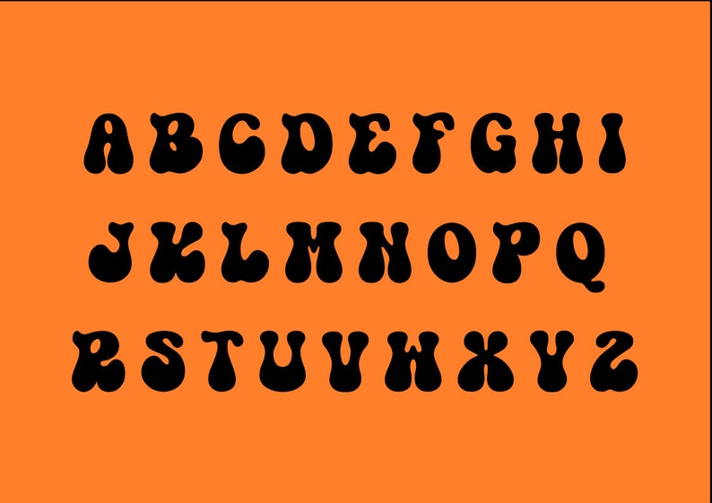May include: Black alphabet letters in a retro, groovy font style. The letters are outlined in black and have a rounded, bubbly appearance. The letters are arranged in two rows, with the first row containing the letters A through I and the second row containing the letters J through Z.