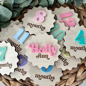 Disques marqueurs d'étapes mensuelles festonnés pour bébé, cadeau de baby shower pour maman, 12 cartes jalons 3D en bois pour photos de bébé, accessoire photo de bébé