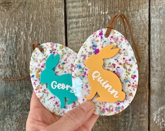 Glitter Confetti Egg Bunny Easter Basket Tag, Easter Name Tag for Kids, Easter Gift Tag, Acrylic Egg Tag, Sparkly Easter Tag