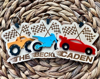 Personalized Race Car Backpack Name Tag, Monster Truck Bag Tag, Dirt Bike Gift for Boys, Motocross Keychain, Racing Gift, Racing Keychain,