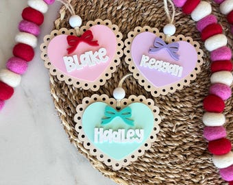 Scalloped Bow Valentine's Day Basket Tag, Heart Tag, Valentine's Basket Tag for Girls, Valentine's Day Gift Tag, Wood Valentine's Name Tag