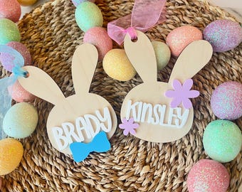 Personalized Bunny Easter Basket Tag, Flower Easter Name Tag, Easter Bunny Tag, Easter Gift Tag, Baby's First Easter, Easter Stuffer