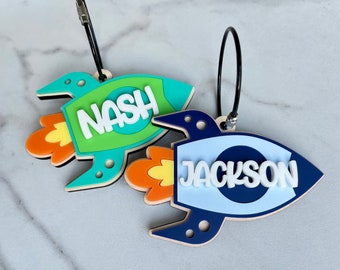 Personalized Rocketship Keychain for Kids, Space Theme Backpack Tag, Rocket Keychain, Spaceship Name Tag, Gift for Boys, Space Party Favors