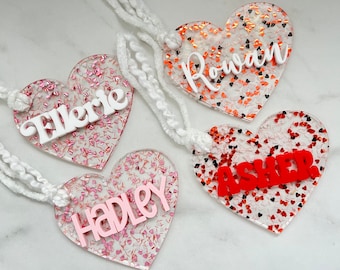 Valentine's Day Basket Tag, Glitter Valentine's Personalized Tag, Valentine's Gift Tag, Valentine Heart Tag, Love Basket Tag, Heart Name Tag