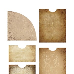May include: A collection of vintage-style paper elements in shades of beige and brown. The designs include a quarter-circle and several rectangular pieces with a curved top, featuring ornate floral patterns and distressed textures.