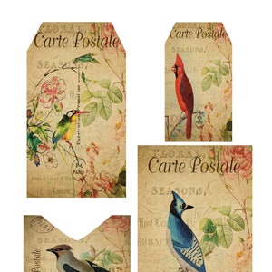 Vogel Postkarte 2 Digital Pocket, Digitaler Download, Ephemera, Taschenanhänger, Geladenes Umschlag, Junk Journal, Printable, Collagesheet,