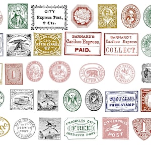 Postzegels, 5 pagina's, Afdrukbaar, Vintage kortstondige periode, Instant download, Digitaal papier, Afdrukbaar papier, Postzegels