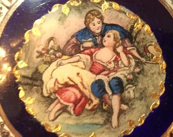 Lovely Vintage Sterling Silver Compact, Locket, and Pendant. Guilloche with Hand-Painted Enamel.