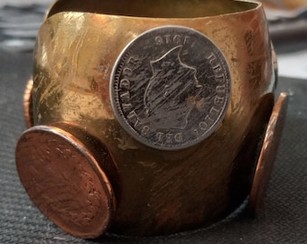 Lovely Hand Wrought Brass Copper Silver Wide Central American Coin Cuff Bracelet. Maker Stamp Mexico. c. 1918.