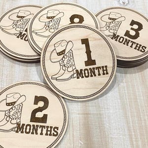 Rustic Cowboy Monthly Baby Milestone Disc Set – 12 Wooden Engraved Rounds for Monthly Photos | Western Baby Shower Gift