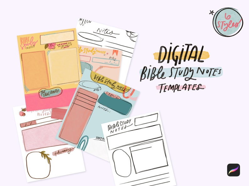 May include: Six digital Bible study note templates with different layouts and designs. The templates feature colorful backgrounds, handwritten text, and blank spaces for writing notes.