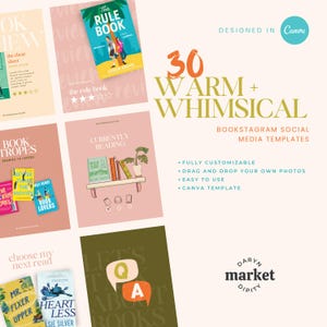 May include: A set of 30 customizable social media templates for bookstagram. The templates feature a warm, whimsical aesthetic with a pink and green color scheme. The templates are designed to be used with photos of books and can be easily customized with your own text and images.
