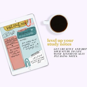 May include: A digital tablet displaying a Bible study notes page with colorful illustrations and handwritten text. The text includes the Bible verse Philippians 4:8, "Fix your thoughts." The page also includes notes and a takeaway section. The tablet is on a white surface with a cup of coffee.