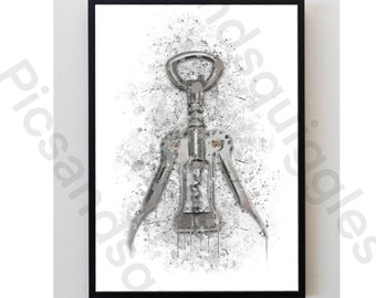 Grey, Wine, Corkscrew, splatter, art print, unframed