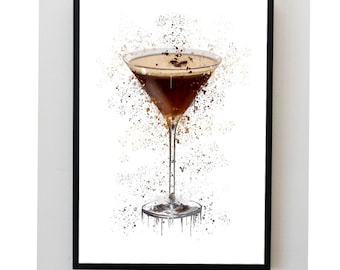 Puede incluir: Una impresión enmarcada en negro de una copa de martini llena de un líquido marrón y beige. La copa está rodeada de un fondo salpicado de pintura marrón y gris.