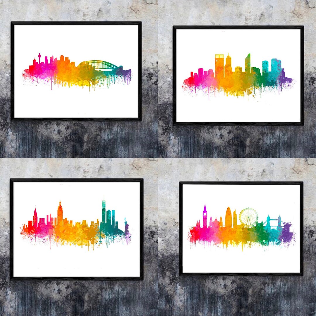 City Skyline Rainbow Splatter Paint Art Print London, Perth, New York ...