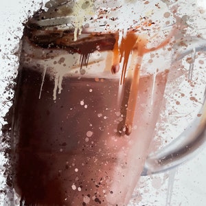 Puede incluir: Un vaso de chocolate caliente con crema batida y chocolate derretido, pintado en estilo acuarela con salpicaduras blancas sobre un fondo blanco.