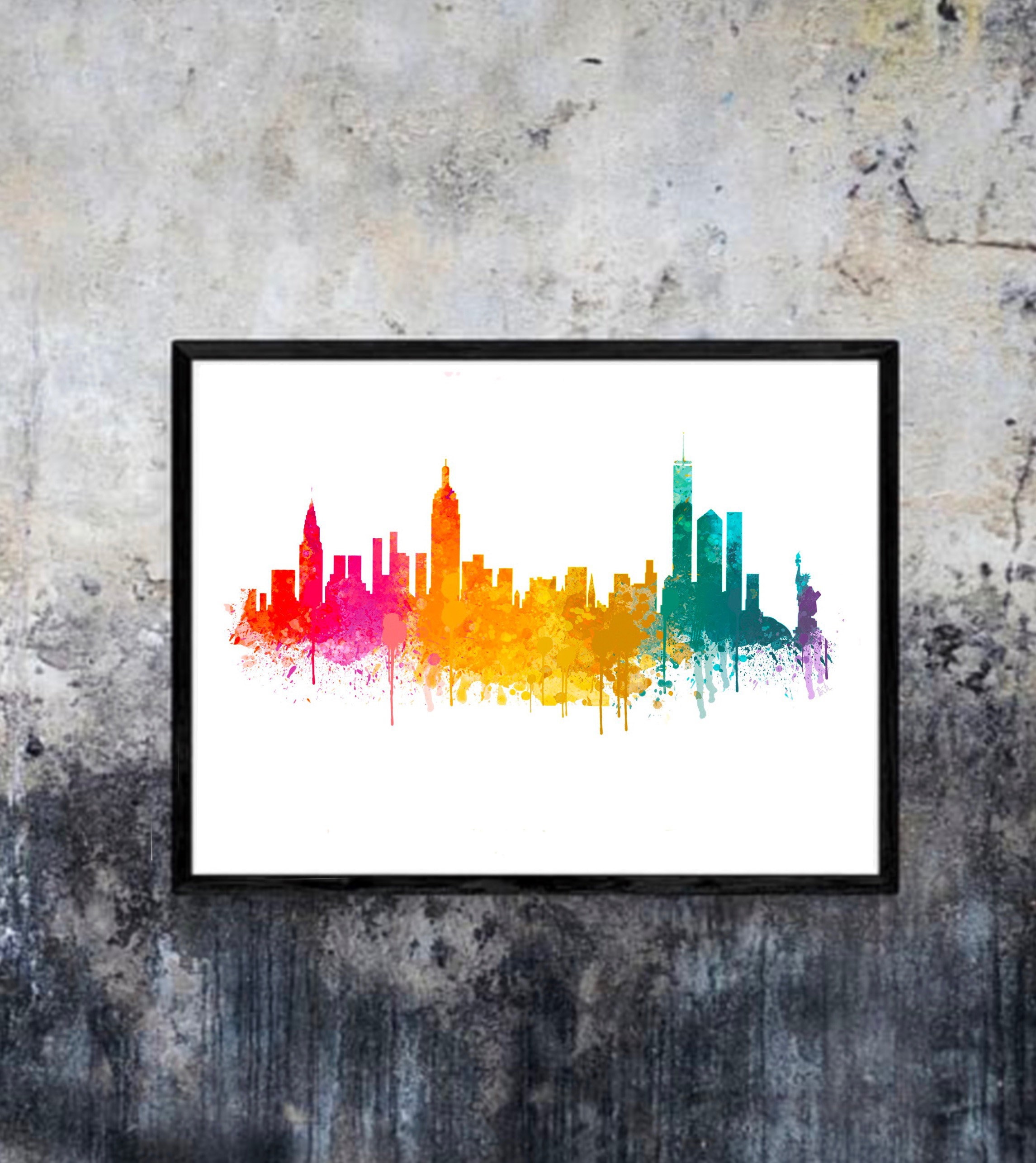 City Skyline Rainbow Splatter Paint Art Print London, Perth, New York ...