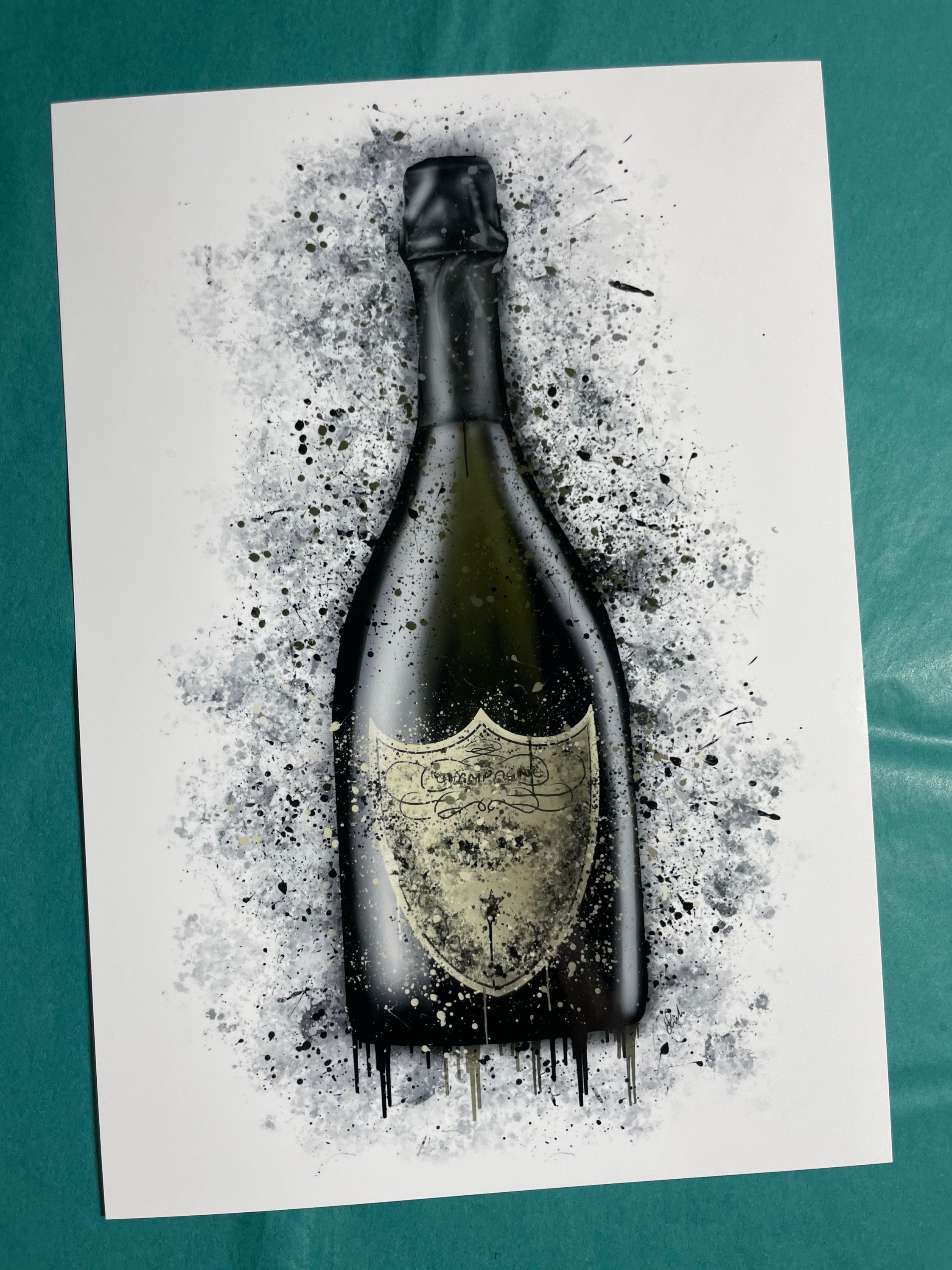 Champagne, Dom Perignon Style, Black, Splatter Art Print, Bottle
