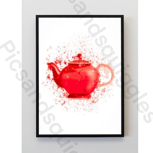 May include: A red teapot against a white background. The teapot is surrounded by red paint splatters.