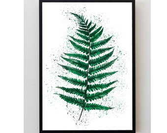 Green, Fern Leaf, Botanical, Plant, Splatter, Art Print, unframed