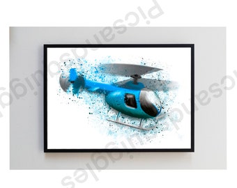 Blue, Helicopter, Plane, Transport, Splatter, Art Print, unframed