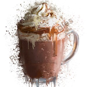 Puede incluir: Una ilustraci&oacute;n de estilo acuarela de una bebida de chocolate caliente con crema batida y un chorrito de caramelo en una taza de vidrio transparente. El fondo es un patr&oacute;n de salpicaduras blancas.