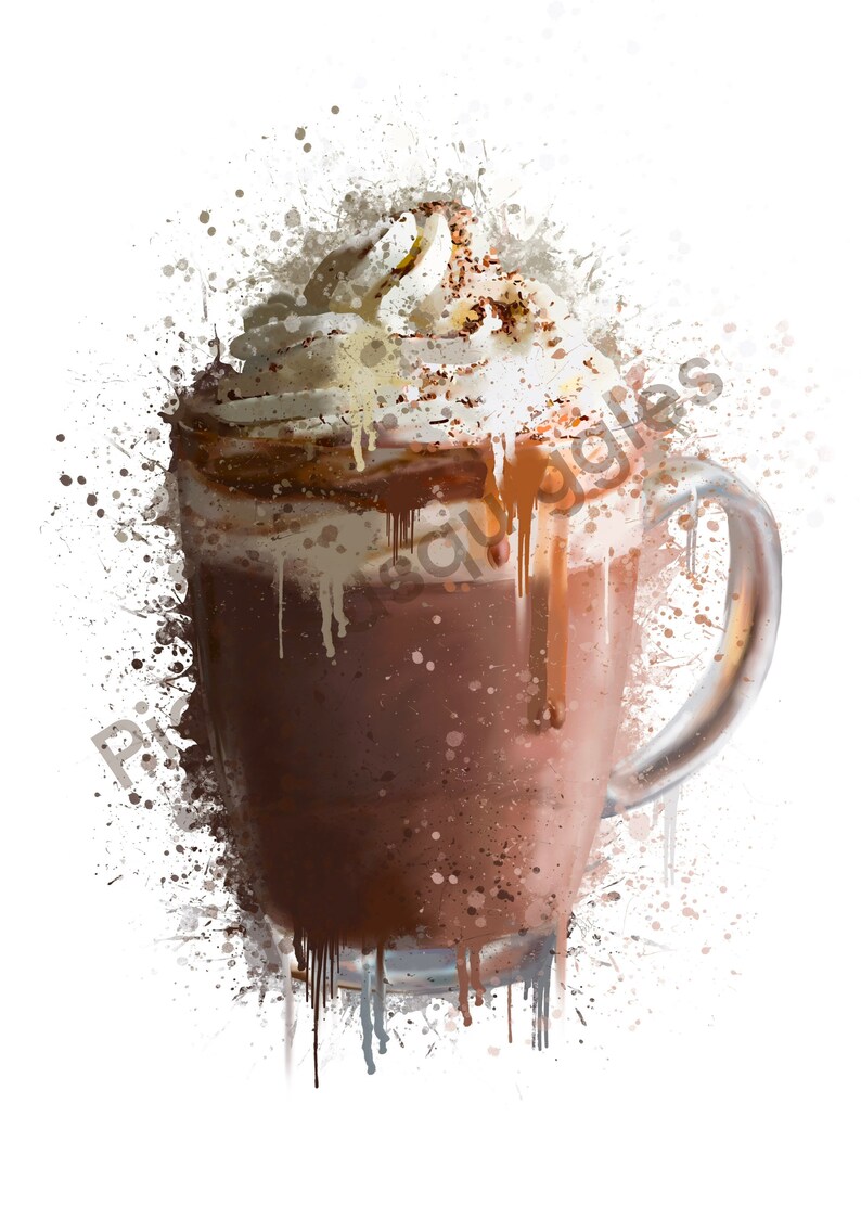 Puede incluir: Una ilustraci&oacute;n de estilo acuarela de una bebida de chocolate caliente con crema batida y un chorrito de caramelo en una taza de vidrio transparente. El fondo es un patr&oacute;n de salpicaduras blancas.