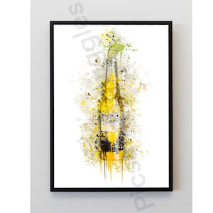 Yellow, Grey, Beer, Lime, Bottle, Splatter, Art Print, unframed