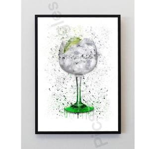 Verde, gris, vaso de ginebra, salpicadura de lima, impresión artística, sin marco