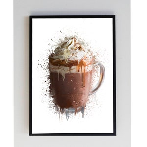 Puede incluir: Una pintura de acuarela de una bebida de chocolate caliente con crema batida y chocolate derretido en una taza de vidrio transparente. El fondo es un patr&oacute;n de salpicaduras blancas.