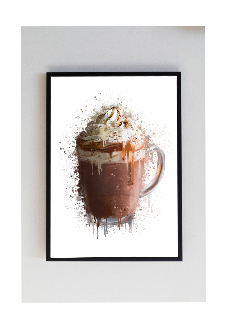 Puede incluir: Una pintura de acuarela de una bebida de chocolate caliente con crema batida y chocolate derretido en una taza de vidrio transparente. El fondo es un patr&oacute;n de salpicaduras blancas.