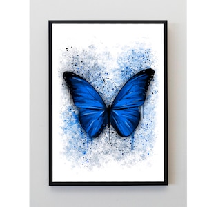 Blue, butterfly, insect, animal, Splatter, art print, unframed