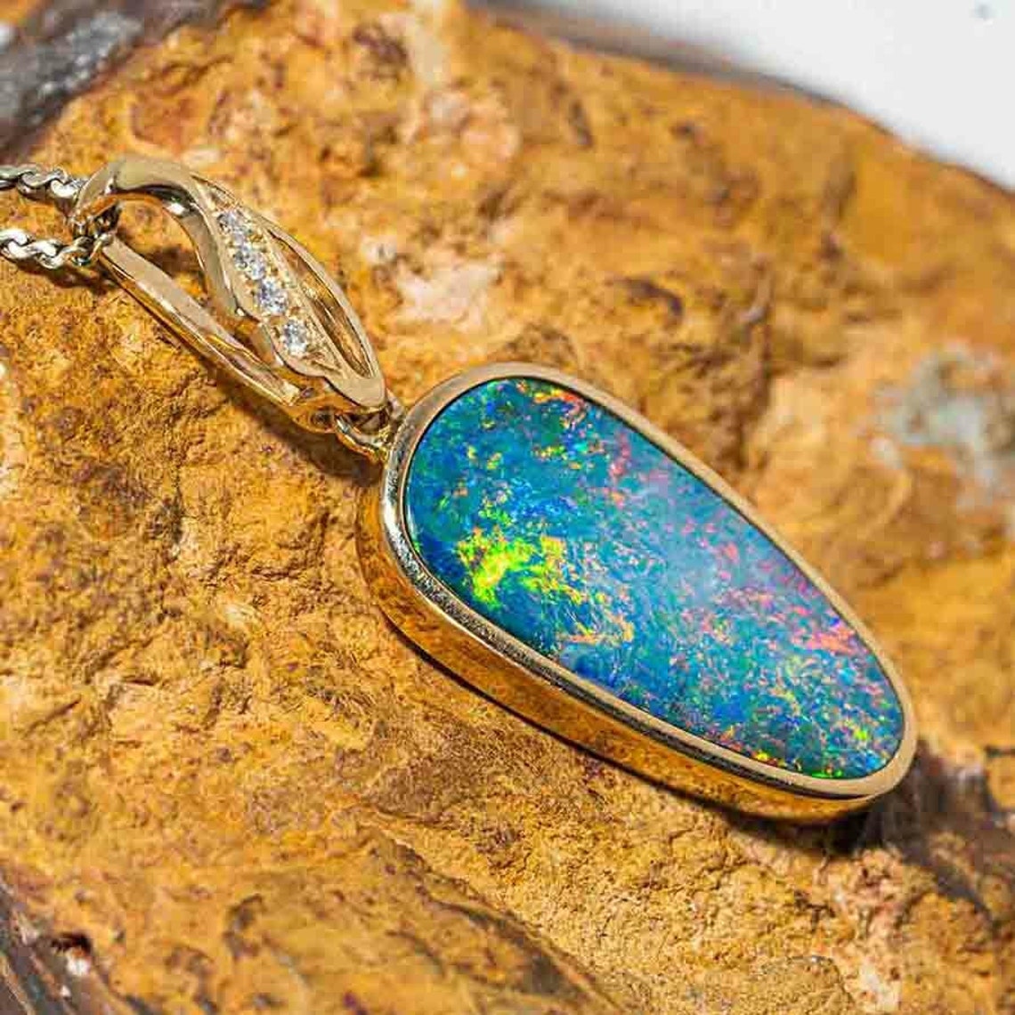 Australian Opal Diamond Necklace 14K Yellow Gold - Etsy