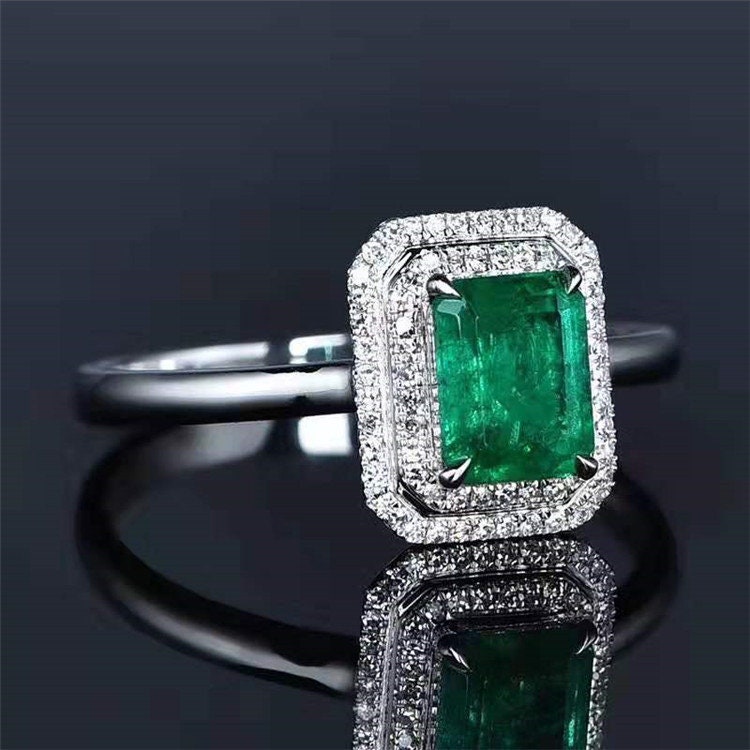 Emerald Diamond Ring 18K White Gold | Etsy