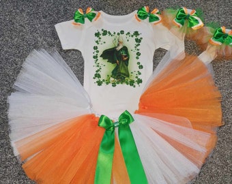 St Patricks day lucky shamrocks religious patriotic irish Ireland green white orange shamrocks set outfit costume dress skirt tutu puffy